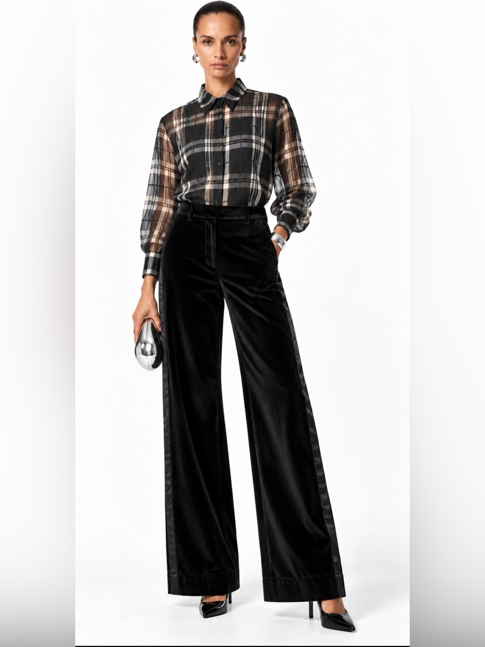 J.Crew Wide-leg trouser with satin stripe in washed velvet in black